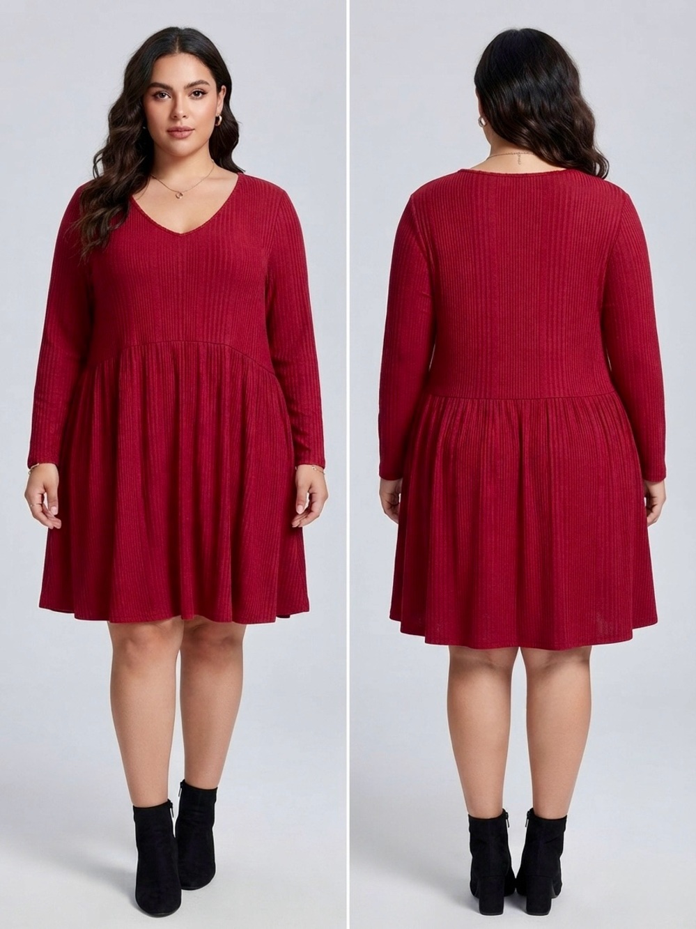 Ofeefan Plus Size Ribbed Knit V-Neck Swing Dress - Burgundy - Size XXL